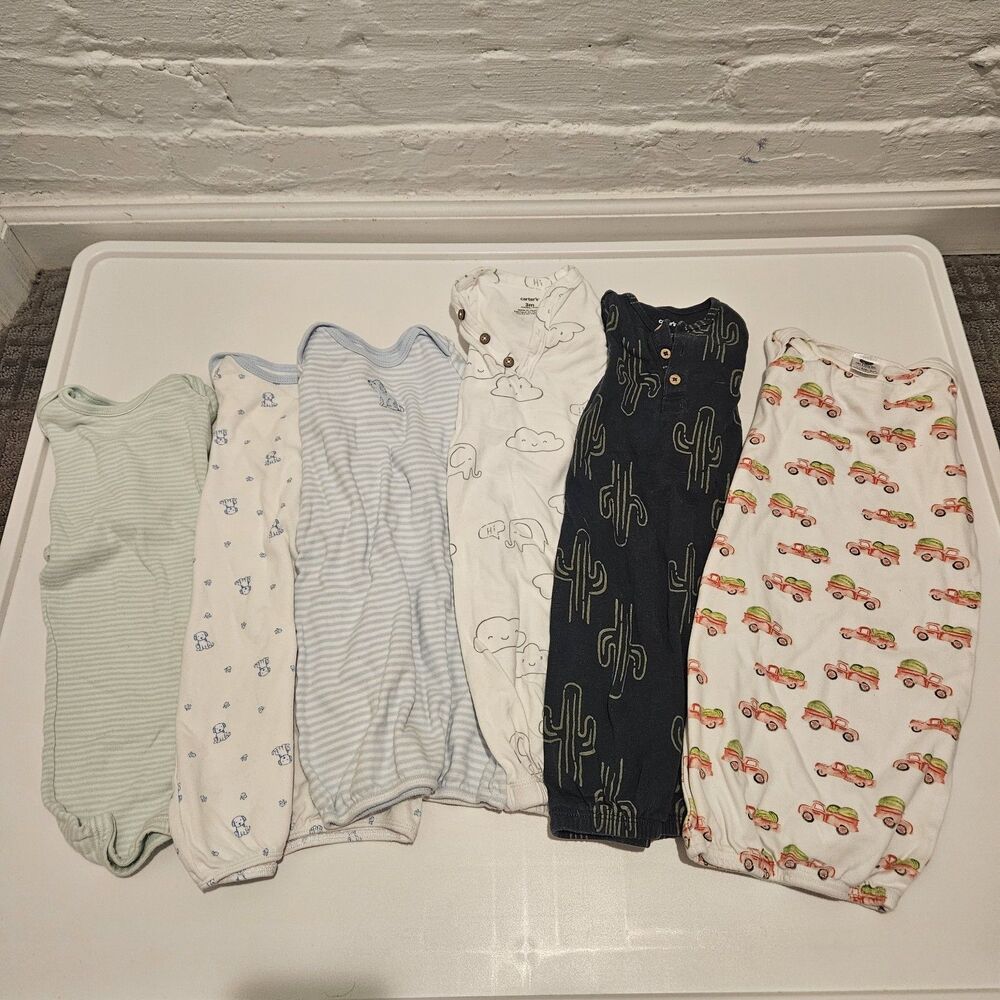 Set Of Six Infant Baby Cotton Pajamas Sleepers Gowns, Size Newborn/0-3 Months